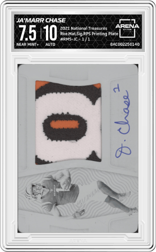 Ja'Marr Chase from the 2021 Panini National Treasures set featuring a Printing Plate parallel graded by Arena Club and given an overall grade of 7.5.