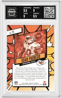 Isiah Pacheco from the 2023 Panini Absolute set graded by Arena Club and given an overall grade of 9.5.