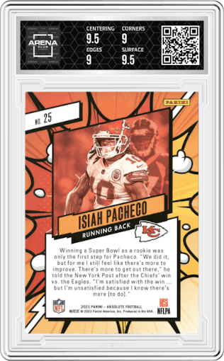 Isiah Pacheco from the 2023 Panini Absolute set graded by Arena Club and given an overall grade of 9.5.