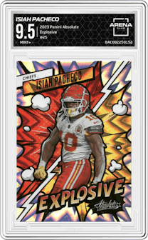 Isiah Pacheco from the 2023 Panini Absolute set graded by Arena Club and given an overall grade of 9.5.