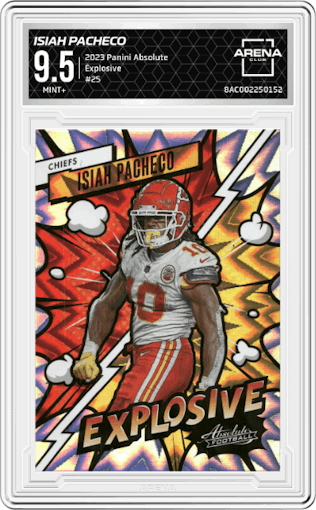 Isiah Pacheco from the 2023 Panini Absolute set graded by Arena Club and given an overall grade of 9.5.