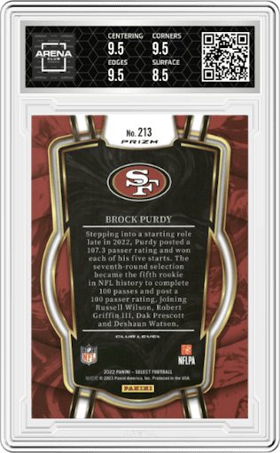 Brock Purdy from the 2022 Panini Select set featuring a Silver Prizm parallel graded by Arena Club and given an overall grade of 9.