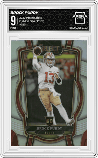 Brock Purdy from the 2022 Panini Select set featuring a Silver Prizm parallel graded by Arena Club and given an overall grade of 9.