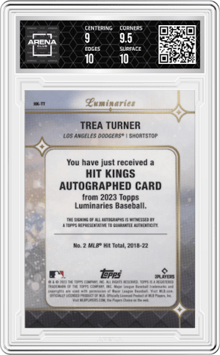 Trea Turner from the 2023 Topps Luminaries set featuring a Blue parallel graded by Arena Club and given an overall grade of 9.5.