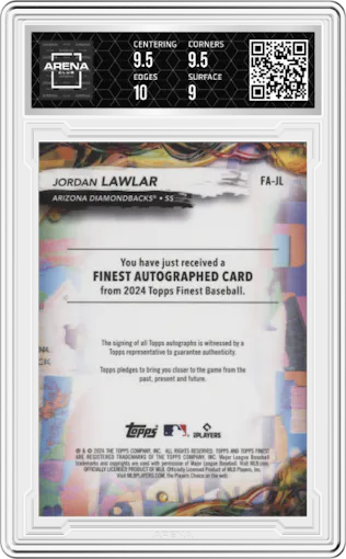 Jordan Lawlar from the 2024 Topps Finest set featuring a Purple Refractor parallel graded by Arena Club and given an overall grade of 9.5.