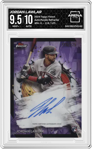 Jordan Lawlar from the 2024 Topps Finest set featuring a Purple Refractor parallel graded by Arena Club and given an overall grade of 9.5.