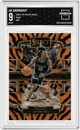 Ja Morant from the 2023-24 Panini Select  set featuring a Tiger parallel graded by Arena Club and given an overall grade of 9.