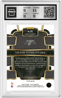 Victor Wembanyama from the 2023-24 Panini Select  set featuring a Green Shock Prizm parallel graded by Arena Club and given an overall grade of 10.