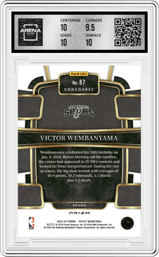 Victor Wembanyama from the 2023-24 Panini Select  set featuring a Green Shock Prizm parallel graded by Arena Club and given an overall grade of 10.