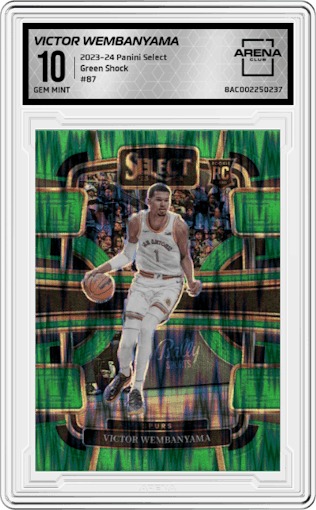 Victor Wembanyama from the 2023-24 Panini Select  set featuring a Green Shock Prizm parallel graded by Arena Club and given an overall grade of 10.