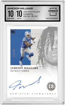 Jameson Williams from the 2022 Panini Encased set graded by Arena Club and given an overall grade of 10.