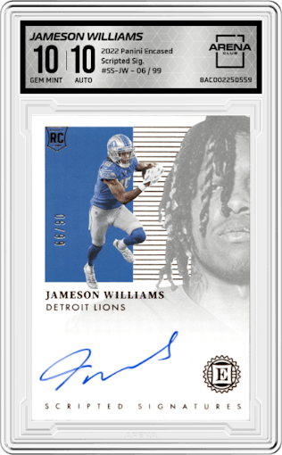 Jameson Williams from the 2022 Panini Encased set graded by Arena Club and given an overall grade of 10.