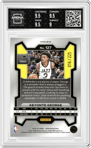 Keyonte George from the 2023-24 Panini Prizm set featuring a Teal Ice parallel graded by Arena Club and given an overall grade of 9.5.