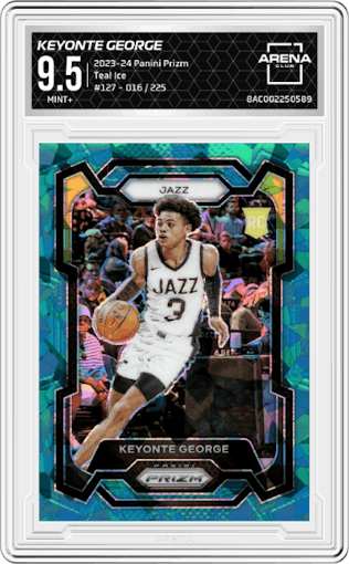 Keyonte George from the 2023-24 Panini Prizm set featuring a Teal Ice parallel graded by Arena Club and given an overall grade of 9.5.