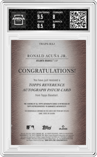 Ronald Acuna Jr. from the 2024 Topps  set featuring a Red parallel graded by Arena Club and given an overall grade of 8.5.