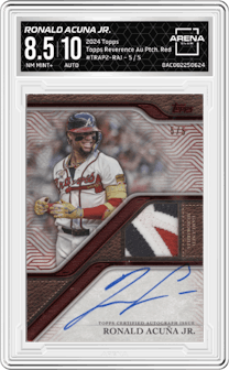 Ronald Acuna Jr. from the 2024 Topps  set featuring a Red parallel graded by Arena Club and given an overall grade of 8.5.