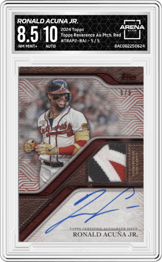 Ronald Acuna Jr. from the 2024 Topps  set featuring a Red parallel graded by Arena Club and given an overall grade of 8.5.