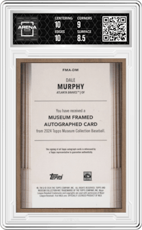Dale Murphy from the 2024 Topps Museum Collection set featuring a Wood parallel graded by Arena Club and given an overall grade of 9.