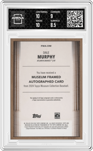 Dale Murphy from the 2024 Topps Museum Collection set featuring a Wood parallel graded by Arena Club and given an overall grade of 9.