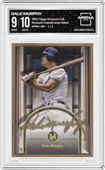 Dale Murphy from the 2024 Topps Museum Collection set featuring a Wood parallel graded by Arena Club and given an overall grade of 9.