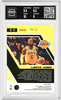 LeBron James from the 2022-23 Panini Flux set featuring a Gold parallel graded by Arena Club and given an overall grade of 8.5.