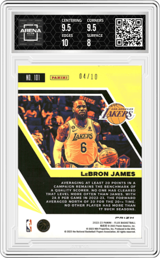 LeBron James from the 2022-23 Panini Flux set featuring a Gold parallel graded by Arena Club and given an overall grade of 8.5.