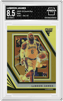 LeBron James from the 2022-23 Panini Flux set featuring a Gold parallel graded by Arena Club and given an overall grade of 8.5.