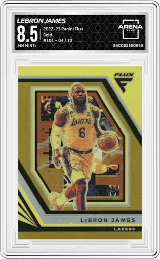 LeBron James from the 2022-23 Panini Flux set featuring a Gold parallel graded by Arena Club and given an overall grade of 8.5.