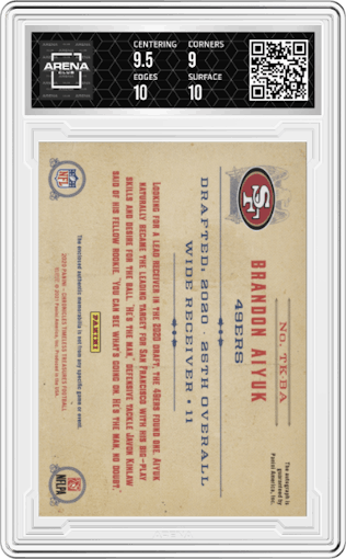 Brandon Aiyuk from the 2020 Panini Chronicles set featuring a Patch parallel graded by Arena Club and given an overall grade of 9.5.
