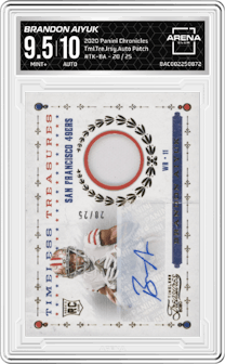 Brandon Aiyuk from the 2020 Panini Chronicles set featuring a Patch parallel graded by Arena Club and given an overall grade of 9.5.