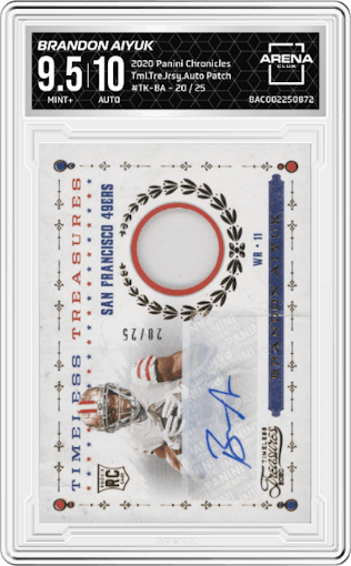 Brandon Aiyuk from the 2020 Panini Chronicles set featuring a Patch parallel graded by Arena Club and given an overall grade of 9.5.
