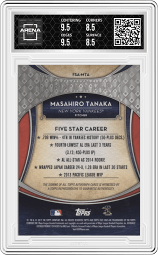 Masahiro Tanaka from the 2017 Topps Five Star set featuring a Green parallel graded by Arena Club and given an overall grade of 9.
