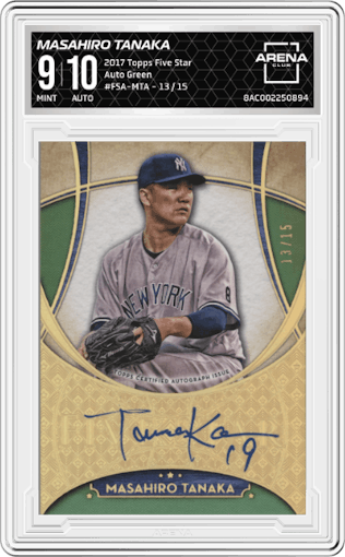 Masahiro Tanaka from the 2017 Topps Five Star set featuring a Green parallel graded by Arena Club and given an overall grade of 9.