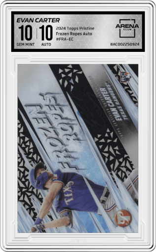 Evan Carter from the 2024 Topps Pristine set graded by Arena Club and given an overall grade of 10.