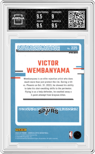 Victor Wembanyama from the 2023-24 Donruss Optic set featuring a Blue Velocity parallel graded by Arena Club and given an overall grade of 9.5.