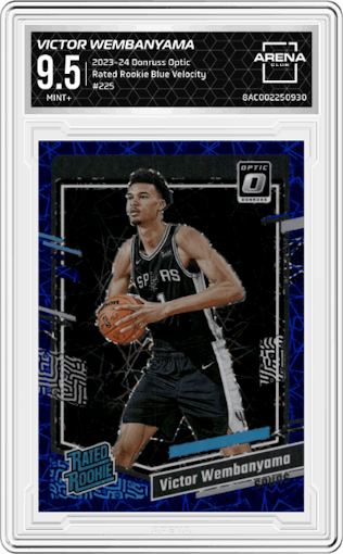 Victor Wembanyama from the 2023-24 Donruss Optic set featuring a Blue Velocity parallel graded by Arena Club and given an overall grade of 9.5.