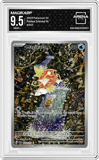 Magikarp from the 2023 Pokemon SV set graded by Arena Club and given an overall grade of 9.5.