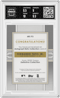 Fernando Tatis Jr. from the 2020 Topps Definitive Collection set graded by Arena Club and given an overall grade of 9.