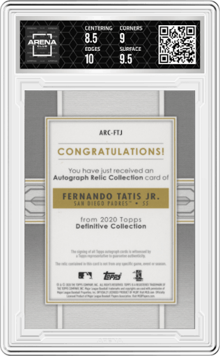 Fernando Tatis Jr. from the 2020 Topps Definitive Collection set graded by Arena Club and given an overall grade of 9.