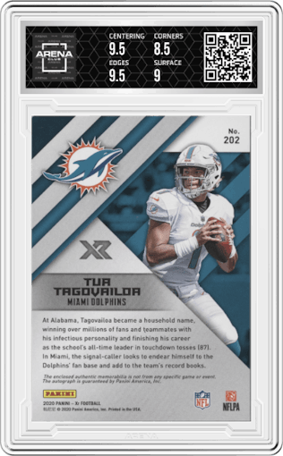 Tua Tagovailoa from the 2020 Panini XR set featuring a Red parallel graded by Arena Club and given an overall grade of 9.