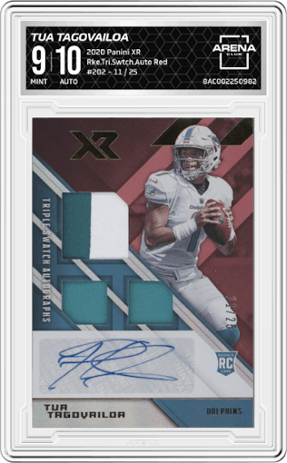 Tua Tagovailoa from the 2020 Panini XR set featuring a Red parallel graded by Arena Club and given an overall grade of 9.