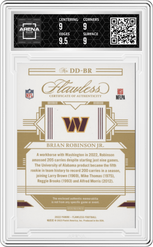 Brian Robinson Jr. from the 2022 Panini Flawless set featuring a Laundry Tags parallel graded by Arena Club and given an overall grade of 9.