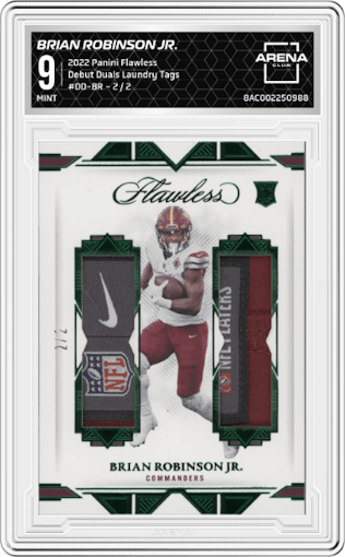 Brian Robinson Jr. from the 2022 Panini Flawless set featuring a Laundry Tags parallel graded by Arena Club and given an overall grade of 9.