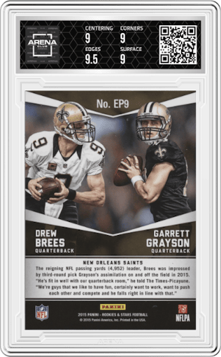  Drew Brees/Garrett Grayson from the 2015 Panini Rookies & Stars set featuring a Longevity parallel graded by Arena Club and given an overall grade of 9.