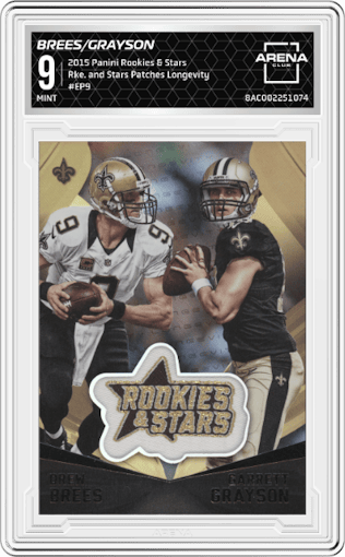  Drew Brees/Garrett Grayson from the 2015 Panini Rookies & Stars set featuring a Longevity parallel graded by Arena Club and given an overall grade of 9.