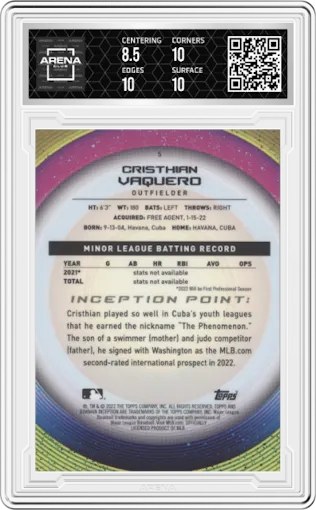 Cristhian Vaquero from the 2022 Bowman Inception set featuring a Blue Foil parallel graded by Arena Club and given an overall grade of 9.