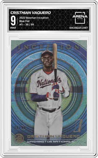 Cristhian Vaquero from the 2022 Bowman Inception set featuring a Blue Foil parallel graded by Arena Club and given an overall grade of 9.