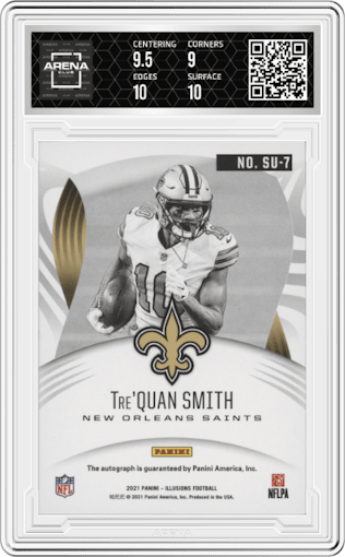 Tre Quan Smith  from the 2021 Panini Illusions set featuring a Orange parallel graded by Arena Club and given an overall grade of 9.5.