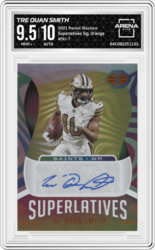 Tre Quan Smith  from the 2021 Panini Illusions set featuring a Orange parallel graded by Arena Club and given an overall grade of 9.5.