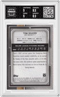 Tom Seaver from the 2023 Topps Museum Collection set featuring a Gold parallel graded by Arena Club and given an overall grade of 9.